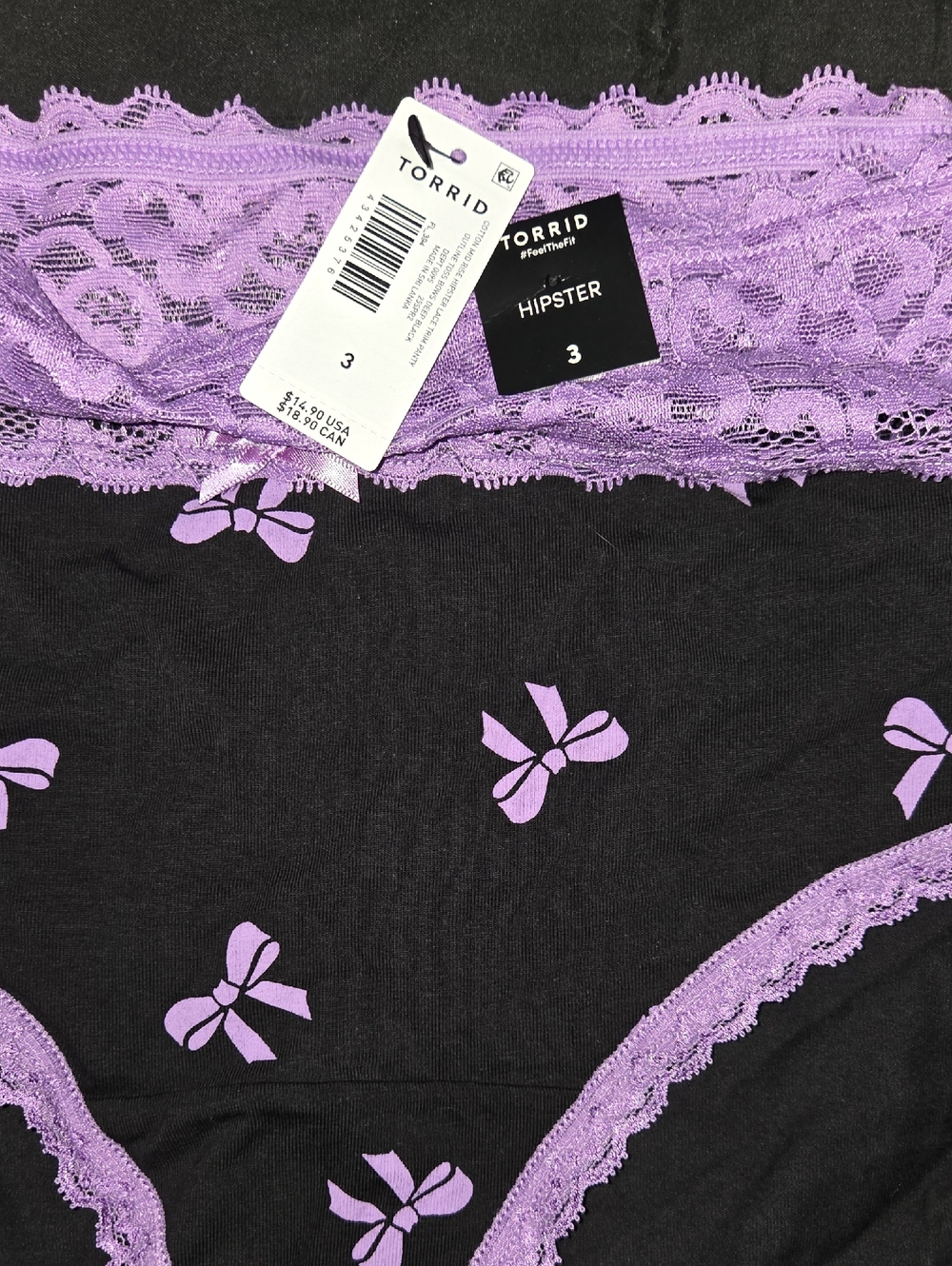 torrid Black Hipster Panty with Lavender Bow Print and Lace